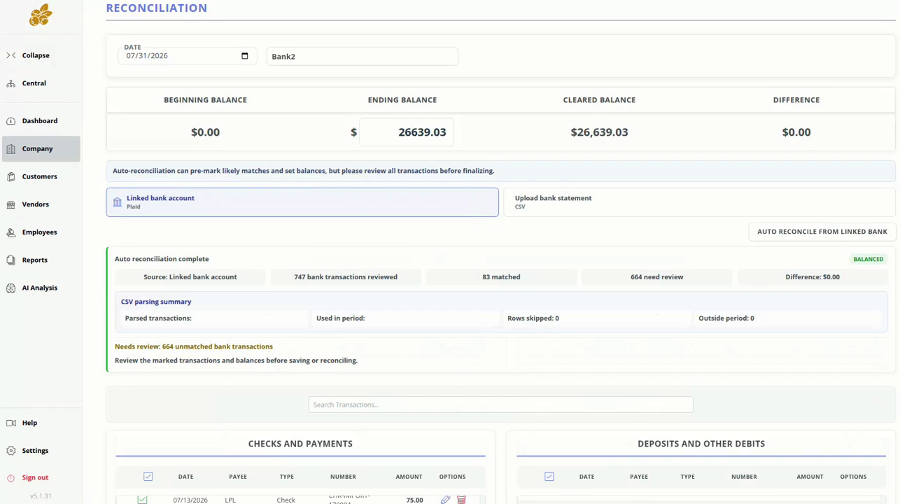 reconciliation showing a balanced result after likely transaction matches are pre-marked for review