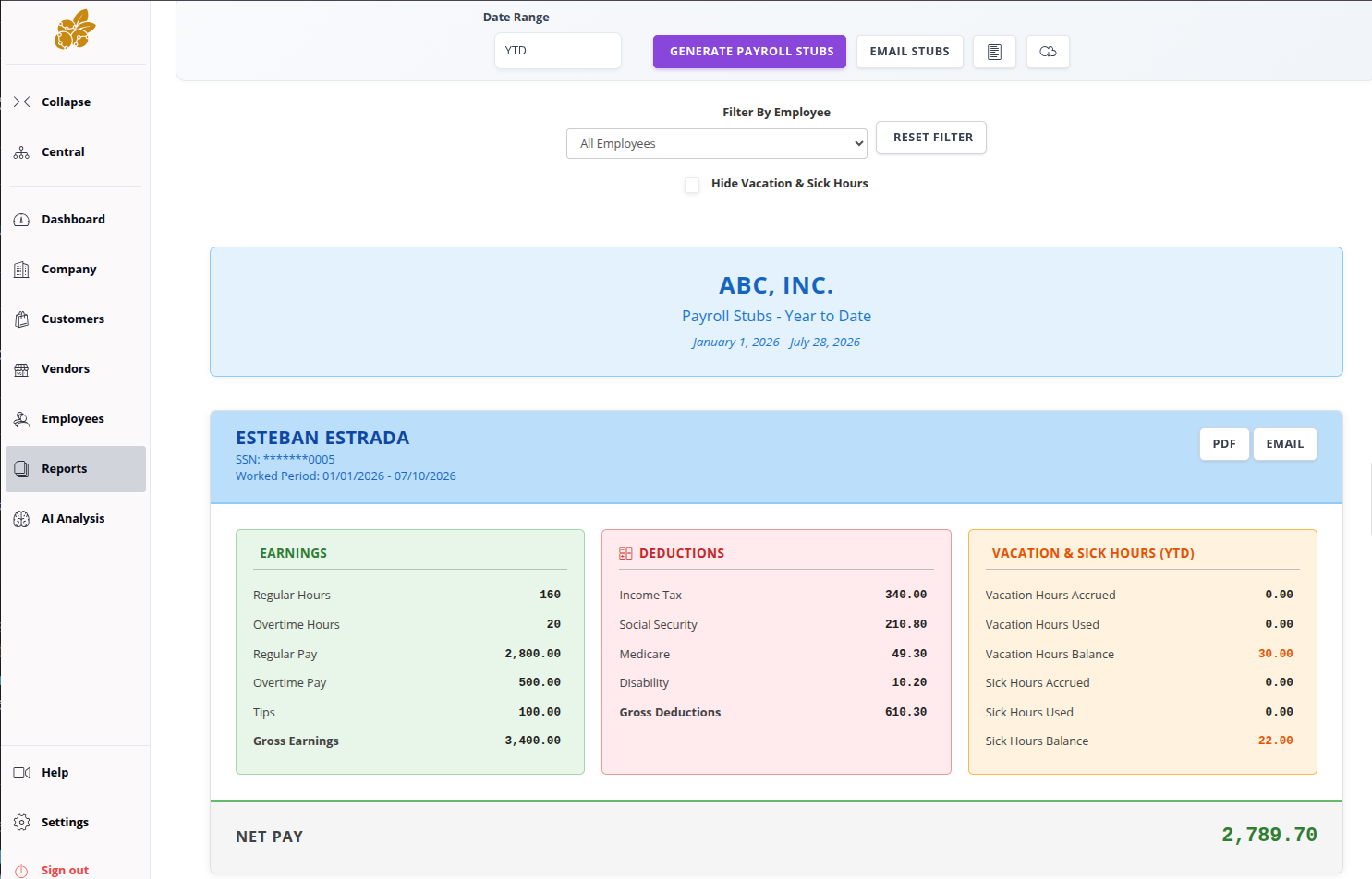 payroll stubs report showing employee earnings, deductions, vacation and sick hours, and net pay