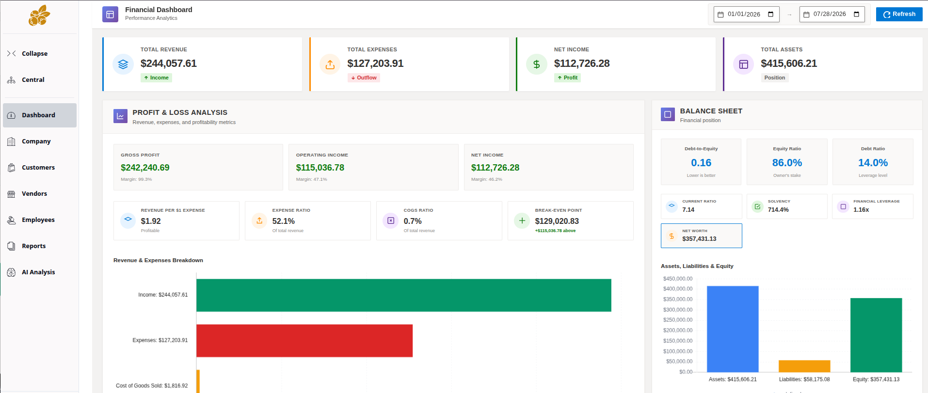 financial dashboard showing revenue, expenses, net income, assets, profitability, and balance sheet analysis