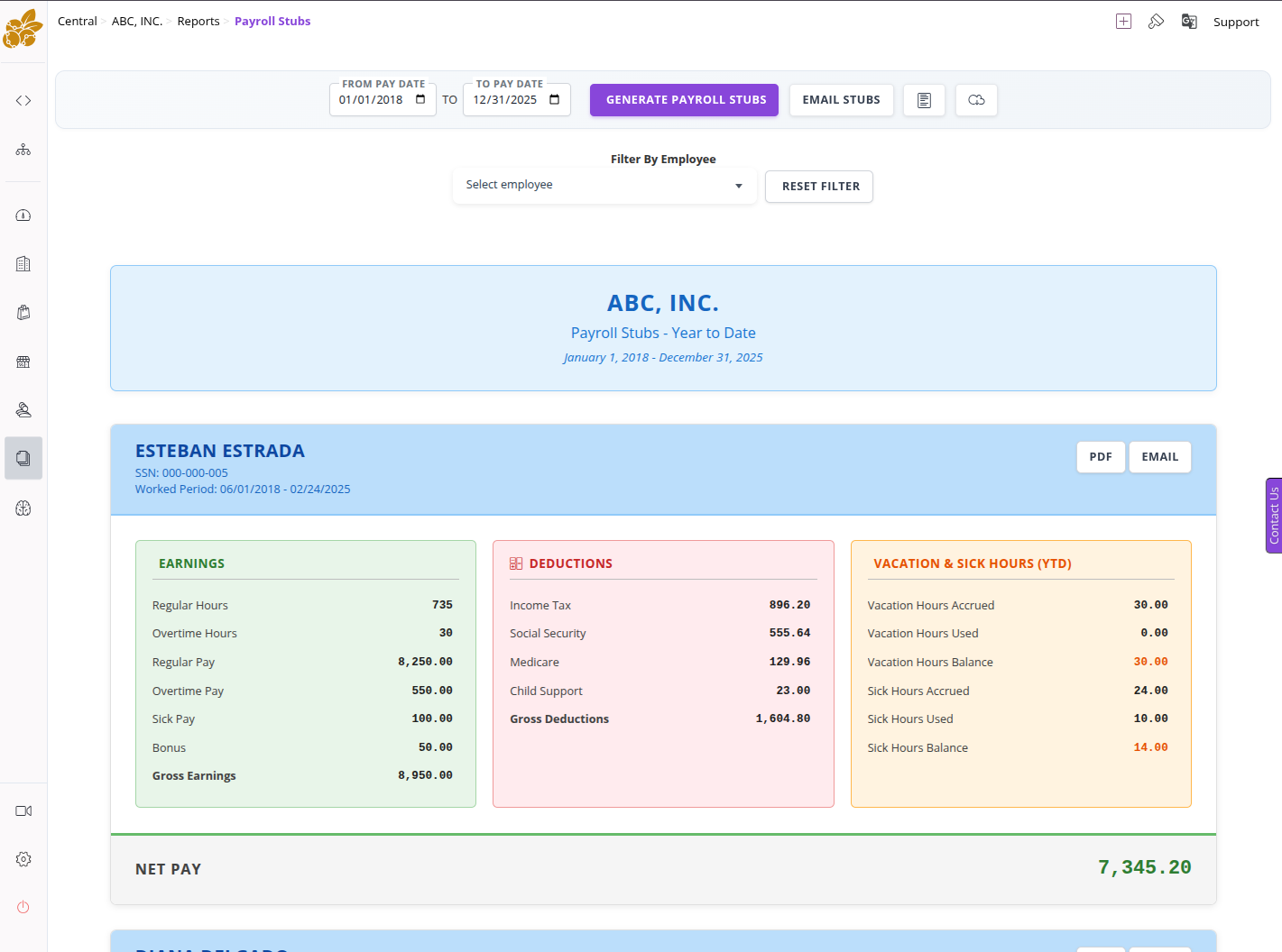 Payroll stubs report preview in